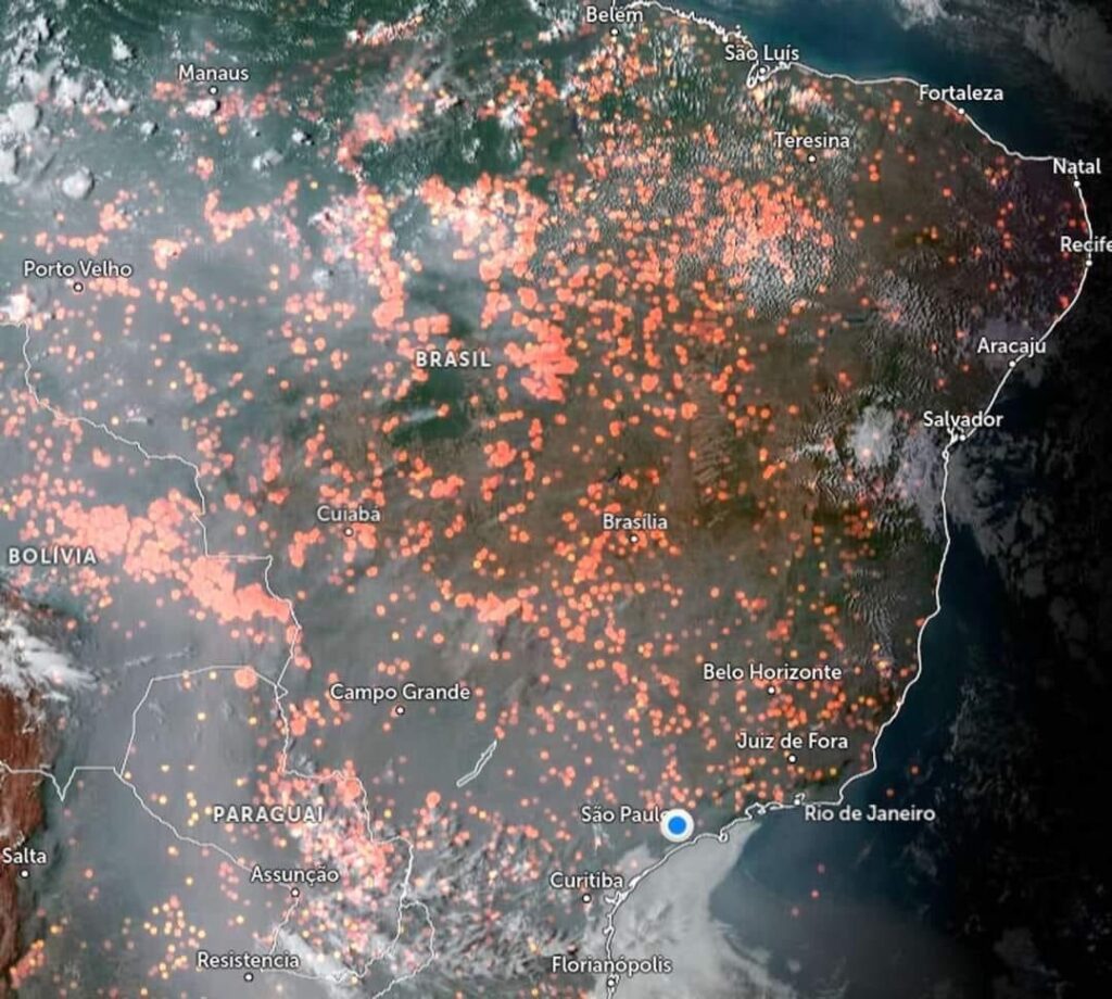 Focos de queimadas no Brasil. Foto: Reprodução/Inpe